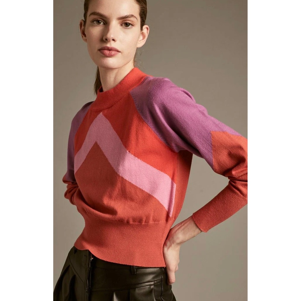 DELUC Womens Colorblock Chevron Mock Neck Sweater Red Pink Purple Size S